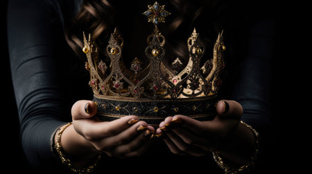 a woman's hand delicately holding a glistening gold crown against a dark, gothic black background, the essence of the medieval period and its enigmatic allureの素材