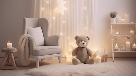 a small baby chair standing in a pristine white room with stars adorning the walls, the scene with a plush white carpet, a cabinet filled with books, a cuddly teddy bear, and a vibrant potted plant, a blank space to suggest room for a cribの素材