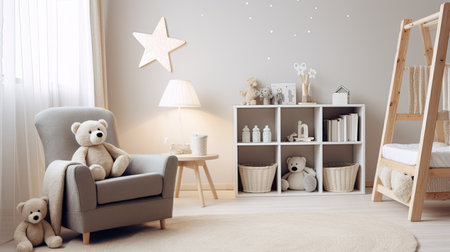 a small baby chair standing in a pristine white room with stars adorning the walls, the scene with a plush white carpet, a cabinet filled with books, a cuddly teddy bear, and a vibrant potted plant, a blank space to suggest room for a cribの素材