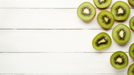 fresh kiwi and kiwi pieces arranged on a clean white wooden background, there's an abundance of open space, allowing for the addition of text or other design elementsの素材