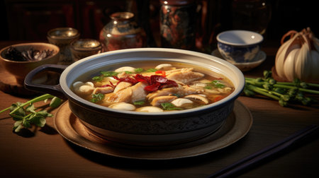 South Korea's traditional chicken soup, abalone, and ginseng presented elegantly, there's abundant open space for text to convey the essence of this nourishing dishの素材