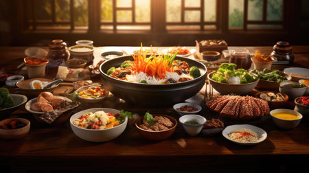 a delectable spread of Korean traditional food elegantly arranged on a table. The abundant open space is ideal for including text or descriptions of these flavorful dishesの素材