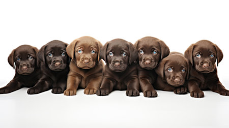 a group of Labrador puppies, including a delightful Chocolate Labrador Retriever puppy, posing together in front of a clean white background, their playful and adorable qualitiesの素材
