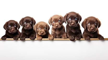 a group of Labrador puppies, including a delightful Chocolate Labrador Retriever puppy, posing together in front of a clean white background, their playful and adorable qualitiesの素材