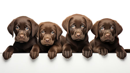 a group of Labrador puppies, including a delightful Chocolate Labrador Retriever puppy, posing together in front of a clean white background, their playful and adorable qualitiesの素材