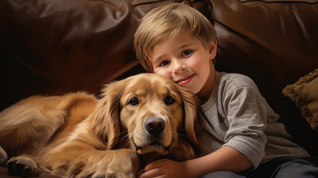 a cute little child and their Golden Retriever sharing a heartwarming moment on a cozy sofa at homeの素材