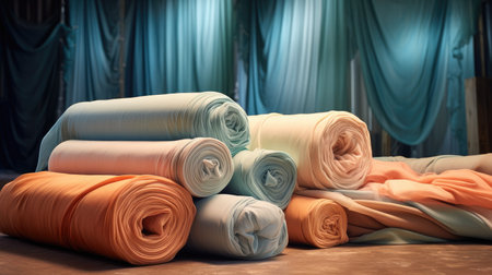 a collection of elegantly rolled pastel-colored fabrics in soft pink, lavender, and mint shades, the soothing and sophisticated color paletteの素材