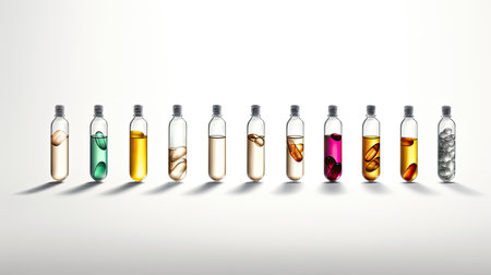 collecting a variety of brown medicine pills using a glass dropper with a pipette, a blank label with ample copy spaceの素材