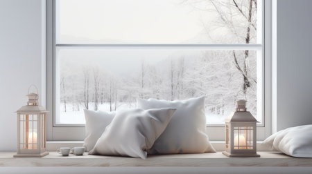 a lantern and pillows arranged on a windowsill with a winter view in a modern minimalist style home, the warmth and comfort of the interior against the cold winter landscape outsideの素材