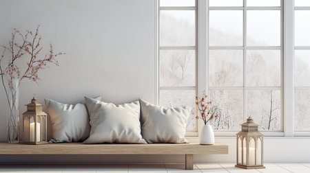 a lantern and pillows arranged on a windowsill with a winter view in a modern minimalist style home, the warmth and comfort of the interior against the cold winter landscape outsideの素材