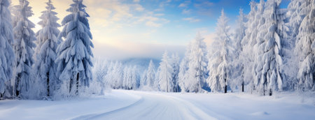 a winter landscape with meandering roads surrounded by snow-covered trees, the peaceful and enchanting atmosphere of a snowy wonderlandの素材
