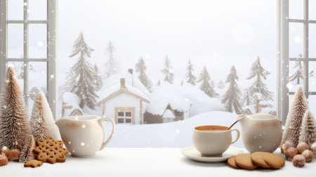Christmas breakfast with a cup of coffee, a coffee pot, and gingerbread, ample copy space for your text to convey a clean and festive vibeの素材
