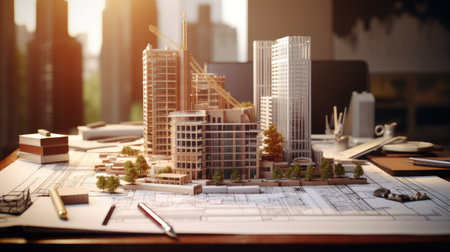 a housing construction project within the real estate domain, detailed residential building plans neatly arranged on an architect engineer's office desk, ample copy space against a backgroundの素材