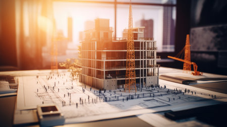 a housing construction project within the real estate domain, detailed residential building plans neatly arranged on an architect engineer's office desk, ample copy space against a backgroundの素材