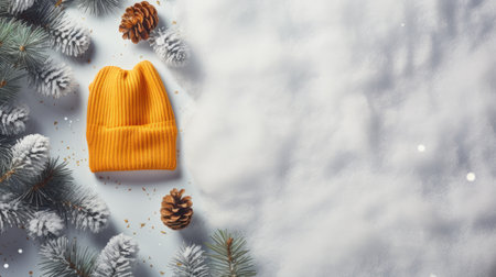 featuring stylish woolen hat carefully arranged on artificial snow, complemented by festive fir branches, ample space within the composition for adding textの素材