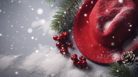 featuring stylish woolen hat carefully arranged on artificial snow, complemented by festive fir branches, ample space within the composition for adding textの素材