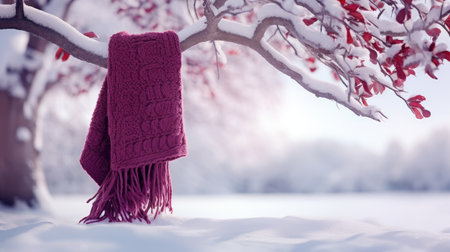 featuring stylish woolen hat carefully arranged on artificial snow, complemented by festive fir branches, ample space within the composition for adding textの素材