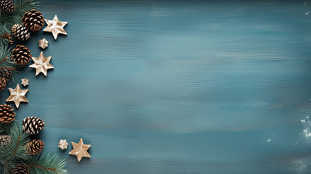 Christmas banner with flat tree branches adorned with pine cones and vintage wooden stars, a blue-toned background to enhance the holiday atmosphereの素材