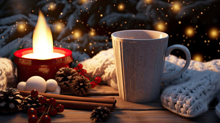 a mug filled with steaming hot drink adorned with marshmallows, with seasonal elements like a candle, cinnamon, anise, pine cones, and a red knitted scarf on a serene beige canvasの素材