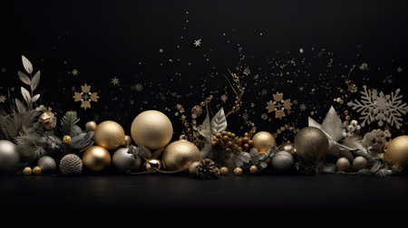 Christmas gold and silver decorations arranged against a dark black background, flat design principles to create a visually striking and sophisticated compositionの素材