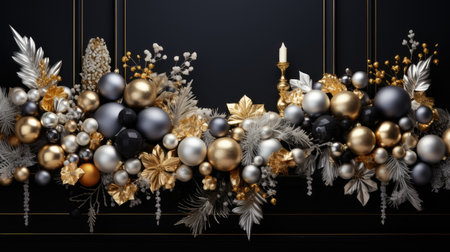 Christmas gold and silver decorations arranged against a dark black background, flat design principles to create a visually striking and sophisticated compositionの素材