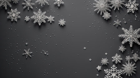 a Christmas composition, featuring a frame made of delicate snowflakes against a cozy gray background, the Christmas, winter, and New Year concept with a flat lay arrangement and top view perspectiveの素材