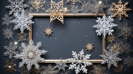 a Christmas composition, featuring a frame made of delicate snowflakes against a cozy gray background, the Christmas, winter, and New Year concept with a flat lay arrangement and top view perspectiveの素材