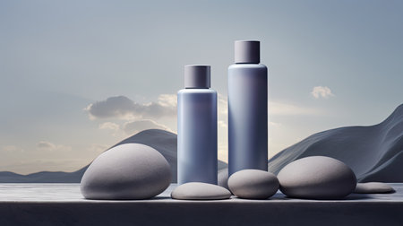 three bottles of cleanser in light indigo and light black hues, the principles of nouveau realism, soft tones, and environmentally conscious design within a modern minimalist styleの素材