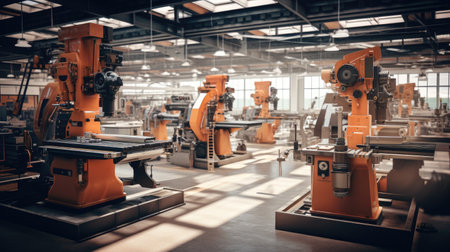 a large and bright workshop filled with many CNC machines, the precision and productivity of the manufacturing environmentの素材