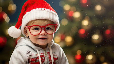 a toddler model wearing sunglasses, a Christmas cap, and a children's long-sleeved T-shirt against a cheerful Christmas background,の素材