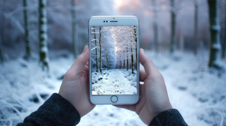 a smartphone capturing a mesmerizing winter forest scene, the interplay of modern devices and natural beauty in a single frameの素材