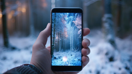 a smartphone capturing a mesmerizing winter forest scene, the interplay of modern devices and natural beauty in a single frameの素材