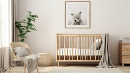 a baby white muslin blanket mockup delicately hanging over a baby crib, the essence of comfort and tenderness in a nursery settingの素材