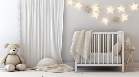 a baby white muslin blanket mockup delicately hanging over a baby crib, the essence of comfort and tenderness in a nursery settingの素材