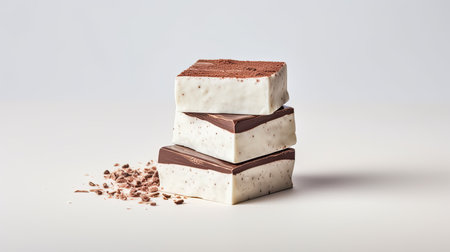 marshmallow chocolate and a halved piece isolated on a clean white background, a modern minimalist style, leaving ample space for text or invitation detailsの素材