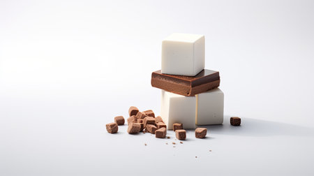 marshmallow chocolate and a halved piece isolated on a clean white background, a modern minimalist style, leaving ample space for text or invitation detailsの素材