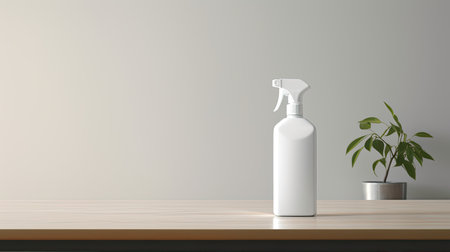 an unmarked plastic white spray bottle placed on a table with an off-white solid background, with space for accompanying text or invitationsの素材