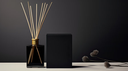a black reed diffuser bottle with minimalistic design and golden details, a modern minimalist style and ensure there's ample space for accompanying text or invitationsの素材