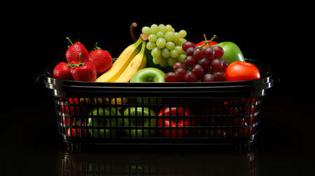 a black plastic grocery basket filled with an assortment of vibrant fruits, appealing composition that showcases freshness and varietyの素材