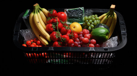 a black plastic grocery basket filled with an assortment of vibrant fruits, appealing composition that showcases freshness and varietyの素材