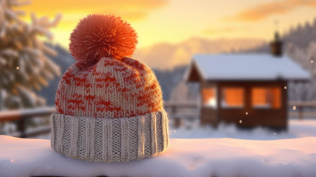 a woolen hat amidst a snowy landscape, empty space for text, creating a perfect canvas for seasonal messagingの素材