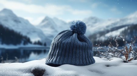a woolen hat amidst a snowy landscape, empty space for text, creating a perfect canvas for seasonal messagingの素材