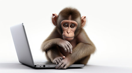 a cute monkey displaying an unhappy expression while sitting on a seat with a notebook computer, the innocence and emotion of the monkey against a clean white background.の素材