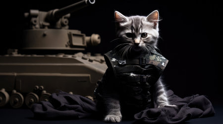 a gray kitten dressed in a tank top and military attire, a dynamic pose that exudes energy and intensity, complemented by dramatic lighting to enhance the overall impactの素材