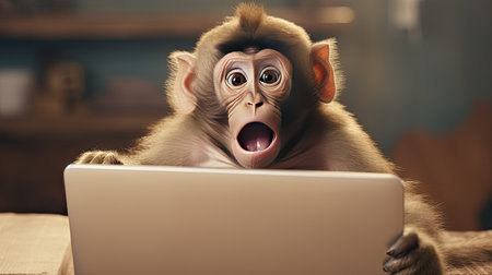 a cute monkey displaying an unhappy expression while sitting on a seat with a notebook computer, the innocence and emotion of the monkey against a clean white background.の素材