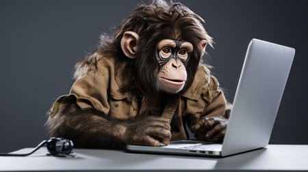 a cute monkey displaying an unhappy expression while sitting on a seat with a notebook computer, the innocence and emotion of the monkey against a clean white background.の素材