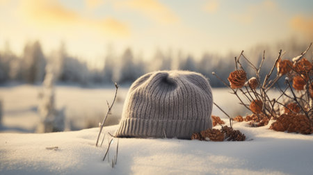 a woolen hat amidst a snowy landscape, empty space for text, creating a perfect canvas for seasonal messagingの素材