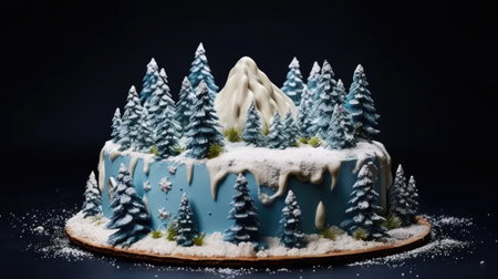 a winter wonderland Christmas cake, meticulously crafted to depict a snow-covered mountain landscape with edible snow and sugar pine treesの素材