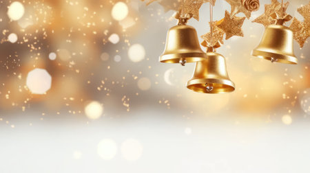 a light background, highlighting the beauty of gold Christmas bells and providing ample space for text or invitationsの素材