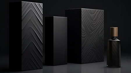 An opulent packaging in a black and gold metal tin box with a geometric pattern, featuring a simple yet advanced illustration with hot stampingの素材